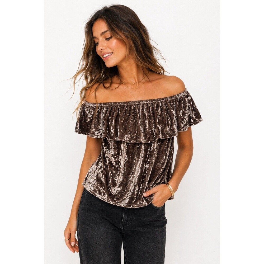 Entro Crushed Velvet Off Shoulder Ruffle Top Size Small Taupe Brown Romantic